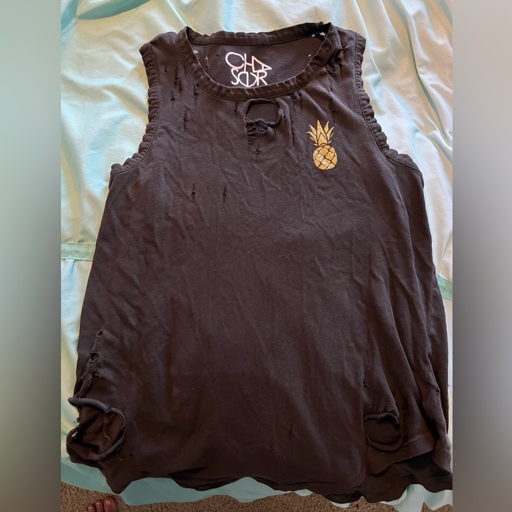Distressed Chaser charcoal gray sleeveless t shirt Medium glitter pineapple